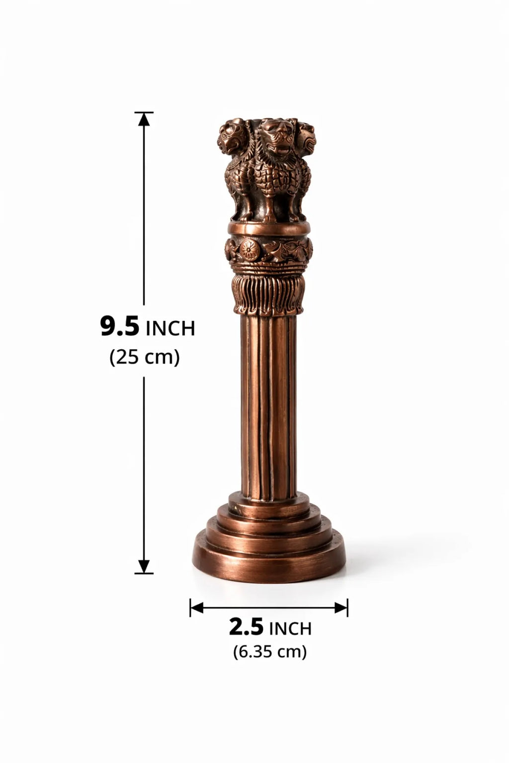 ASHOKA PILLAR 9.5″ Copper-Coated Brass — National Emblem of India (Lion Capital of Sarnath / सत्यमेव जयते) Premium Antique-Finish Replica