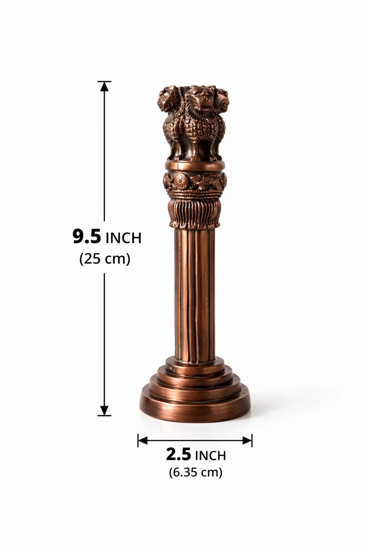 ASHOKA PILLAR 9.5″ Copper-Coated Brass — National Emblem of India (Lion Capital of Sarnath / सत्यमेव जयते) Premium Antique-Finish Replica