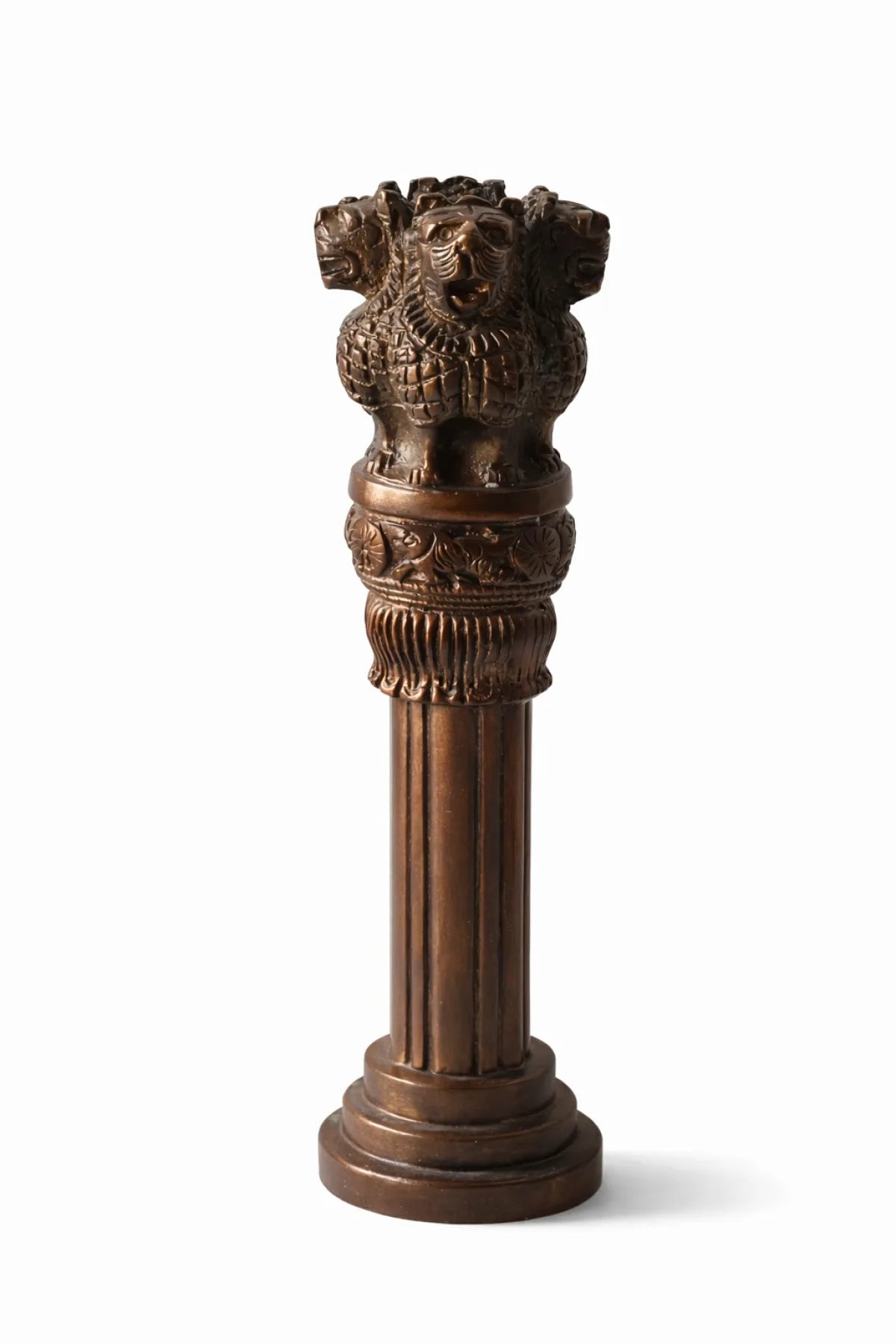 ASHOKA PILLAR 9.5″ Copper-Coated Brass — National Emblem of India (Lion Capital of Sarnath / सत्यमेव जयते) Premium Antique-Finish Replica