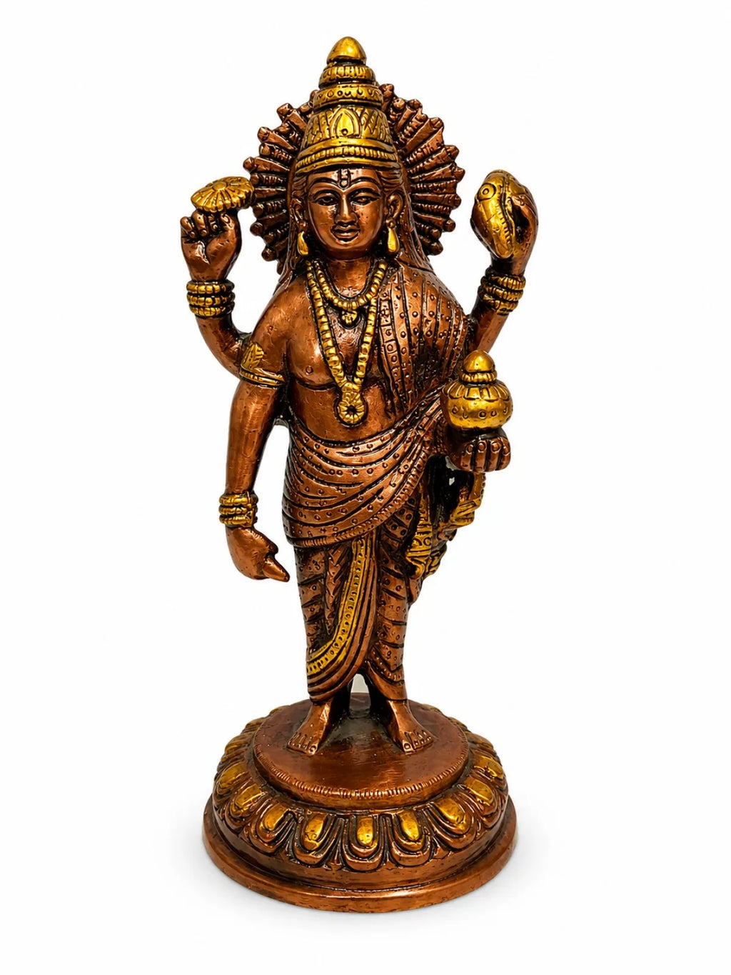 Dhanvantari Idol (भगवान धन्वंतरि) — Chaturbhuj God of Ayurveda, Health & Healing, Antique Copper-Coated Brass, 7.5 Inch Handcrafted Vastu Sculpture