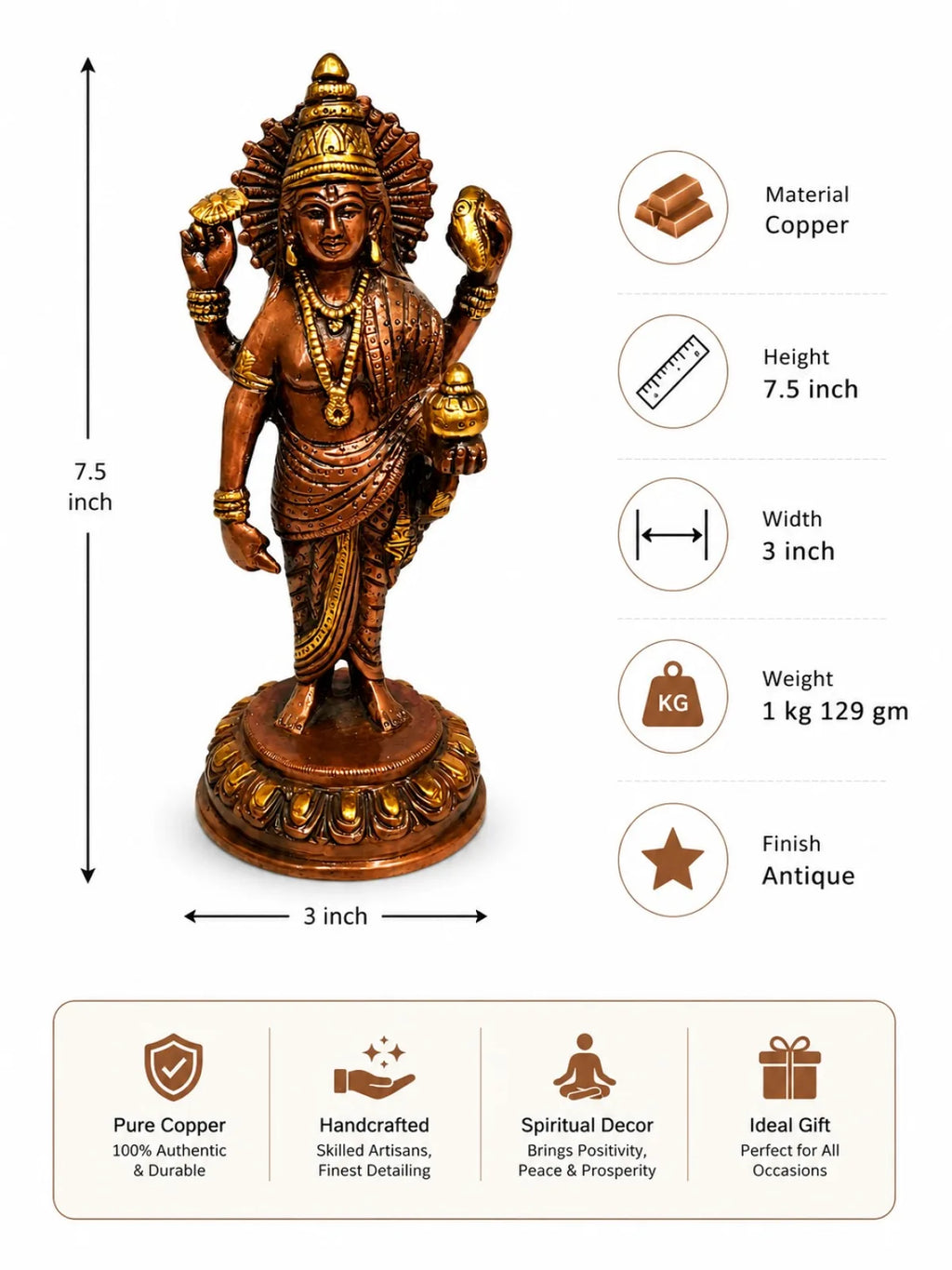 Dhanvantari Idol (भगवान धन्वंतरि) — Chaturbhuj God of Ayurveda, Health & Healing, Antique Copper-Coated Brass, 7.5 Inch Handcrafted Vastu Sculpture
