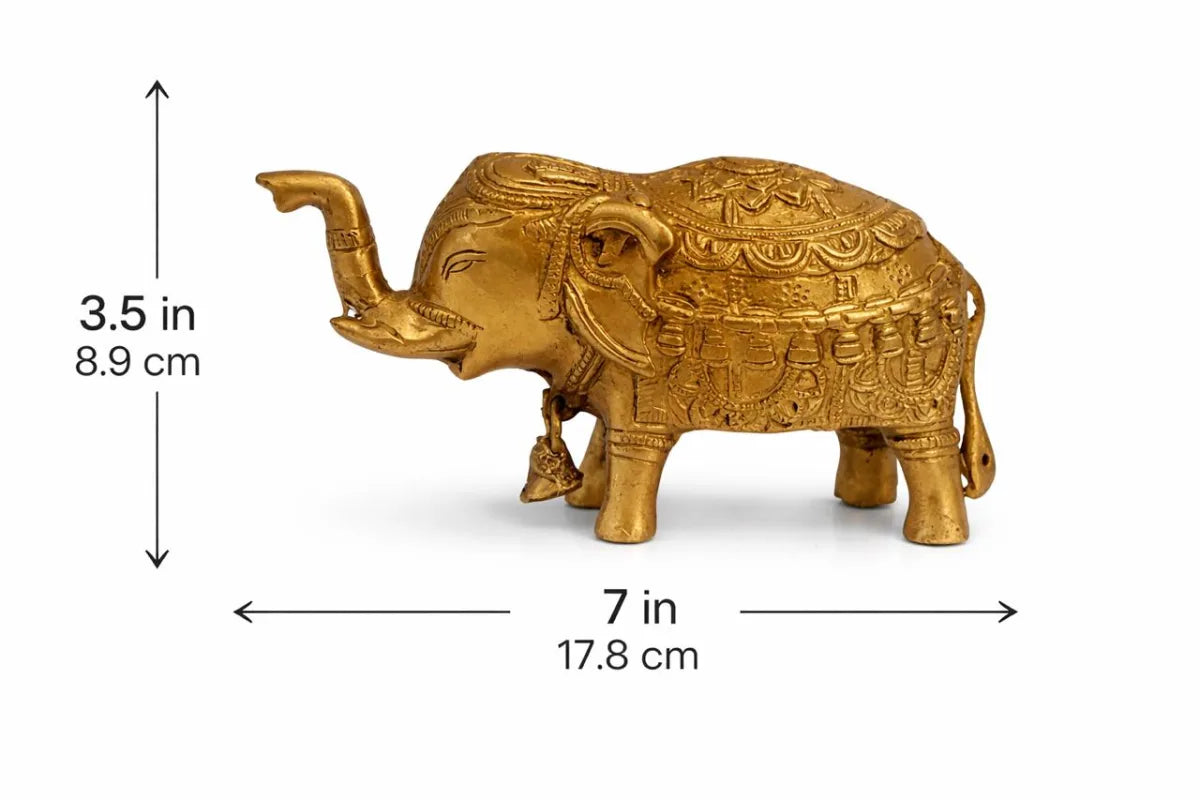 Royal Brass Elephant Idol (हाथी मूर्ति) — Ornate Hand-Engraved Trunk-Up Vastu Symbol for Wisdom, Prosperity, Obstacle Removal & Royal Aishvarya